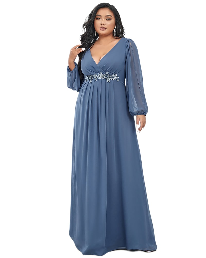 Front of a model wearing a size 14 Chiffon V-Neckline Long Sleeve Formal Evening Dress in Dusty Navy by Ever-Pretty. | dia_product_style_image_id:284637